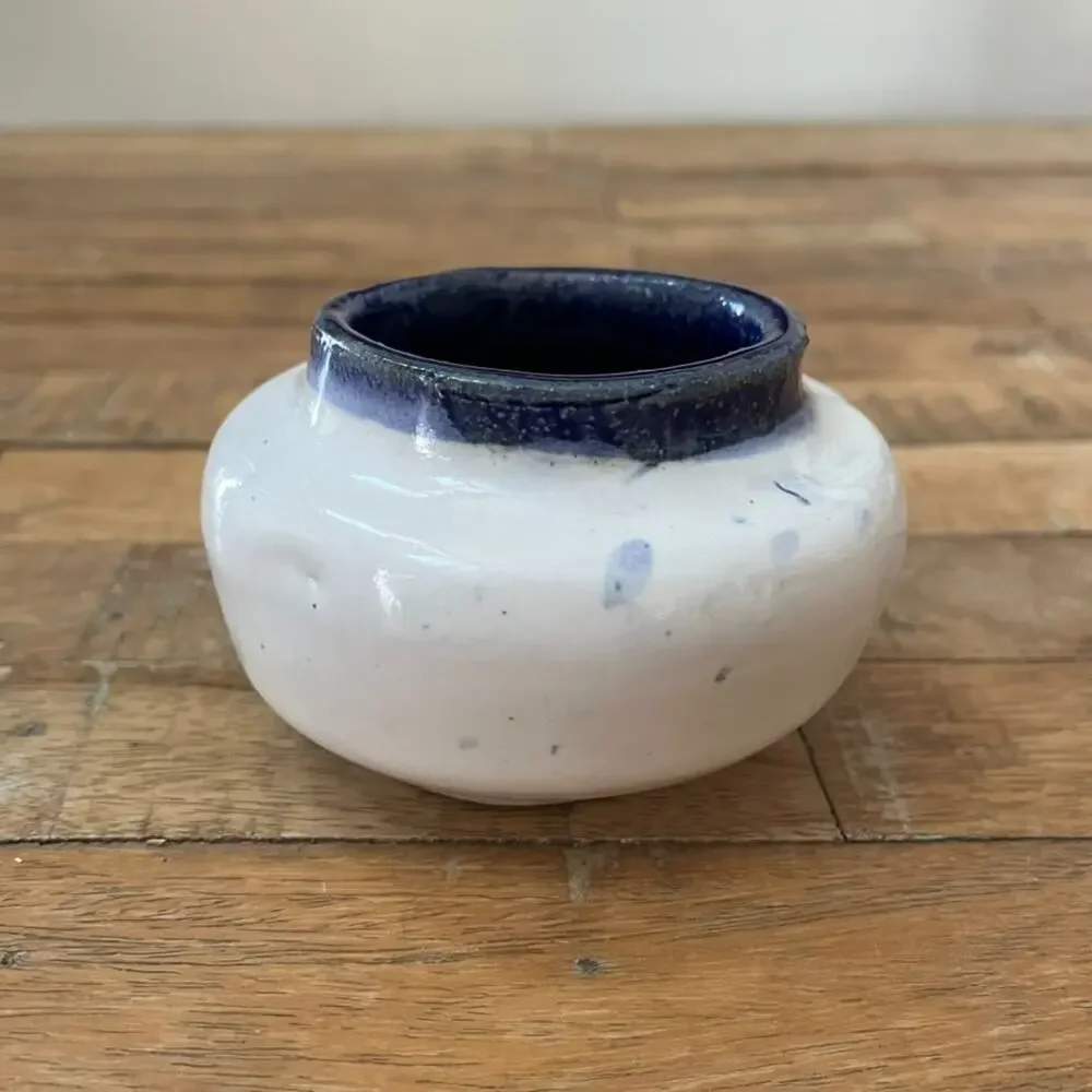 Vintage Studio Art Pottery Bud Vase Blue Rim Textured Glaze